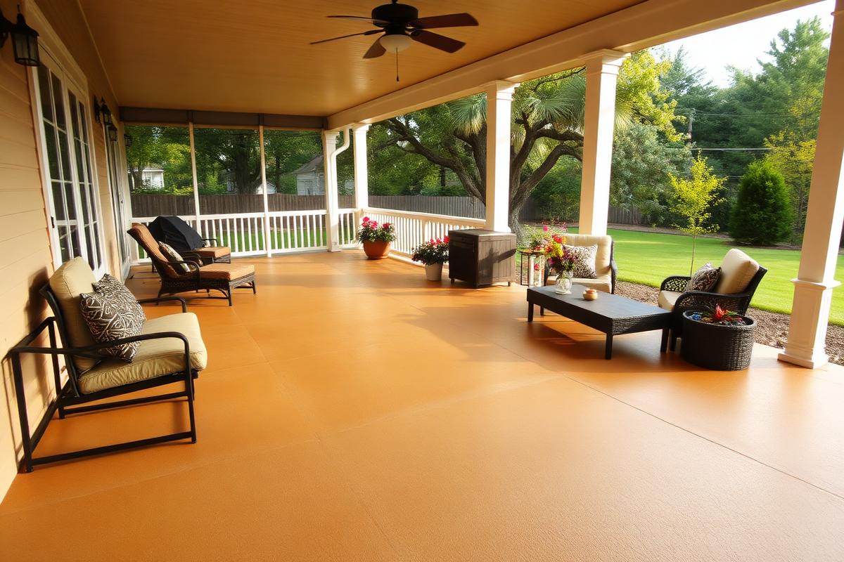 Coated concrete back patio and porch at a North Carolina home